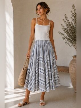 Philosophy Navy and White Striped Smocked Midi Skirt Coastal Cottagecore Large